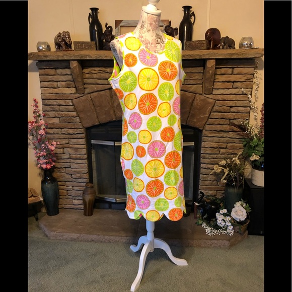 three friends Dresses & Skirts - Sleeveless Citrus Print Shift Dress - White with Orange, Green & Pink